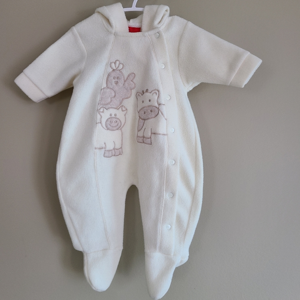 Vintage ivory soft fleece bunting suit with farm animal detail